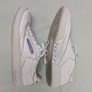Reebok White Leather Classic Sneakers with Blue and Red Logo